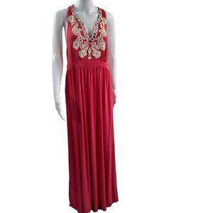 INC Size L Embroidered Deep V Neck Racerback Maxi Dress Coquette Vacation Resort